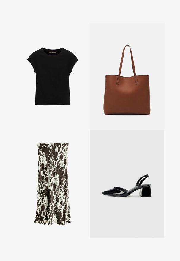 Crna majica s kratkim rukavima od mekog materijala, s okruglim izrezom i opuštenim krojem, s glatkom teksturom i bez uzoraka.; Duga suknja od glatkog materijala s uzorkom u boji smeđe i bijele krave, s lepršavim dizajnom i blago proširenim rubom.; Crne lakirane kožne sandale s otvorenom petom i špicastim vrhom, s geometrijskom blok petom. Imaju elegantan, minimalistički dizajn i glatku teksturu.; Smeđa kožna torba preko ramena s glatkom teksturom, otvorenim vrhom i dvjema naramenicama. Ima minimalne šavove i nema vidljivog hardvera.