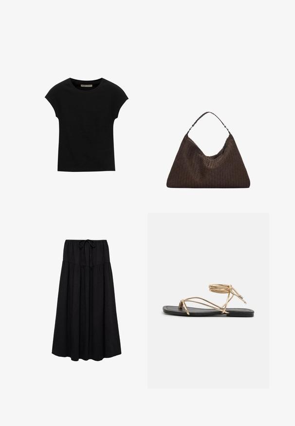 Črna kratka majica s kratkimi rokavi, narejena iz mehke tkanine, z okroglim izrezom in sproščenim krojem, z gladko teksturo in brez vzorcev.; Črna midi krila z nabiranimi plastmi, teksturirano blago in pasom na zategovanje.; Črne ravne sandale z tankimi zlatimi trakovi, ki se ovijajo okoli gležnja, in minimalističnim dizajnom z gladko, pravokotno podplato.; Rjava tkana usnjena torbica s sproščenim, trikotnim oblikovanjem. Ima pleten ročaj in zadrgo na vrhu.