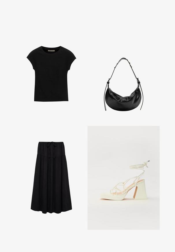 Zwarte korte mouwen t-shirt gemaakt van zachte stof, met een ronde halslijn en een ontspannen pasvorm, met een gladde textuur en zonder patronen.; Zwarte midi rok met een elastische tailleband en trekkoord. Gemaakt van lichtgewicht stof met een gestructureerde afwerking en vloeiende uitstraling.; Witte hoge hakken sandaal met een chunky hak, met een bandjesontwerp en enkelband. Gladde textuur met een plateau voor extra hoogte.; Zwarte leren handtas met een halve maan vorm, gladde textuur en verstelbare schouderband, met subtiele hardware accenten. Rits sluiting zichtbaar.