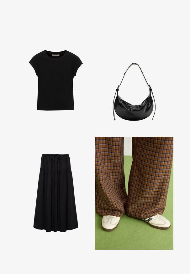 Schwarzes Kurzarm-T-Shirt aus weichem Stoff, mit Rundhalsausschnitt und lockerer Passform, glatter Textur und ohne Muster.; Schwarzer Midirock mit elastischem Bund und Kordelzug. Hergestellt aus leichtem Stoff mit strukturierter Oberfläche und fließender Form.; Braun und blaue Karohosen mit weitem Bein, kombiniert mit weißen Schuhen mit schwarzen Akzenten und strukturierten Sohlen, vor einem grünen Hintergrund.; Schwarze Leder-Handtasche mit einer Halbmondform, glatter Oberfläche und verstellbarem Tragegurt, mit subtilen Hardware-Details. Sichtbarer Reißverschluss.