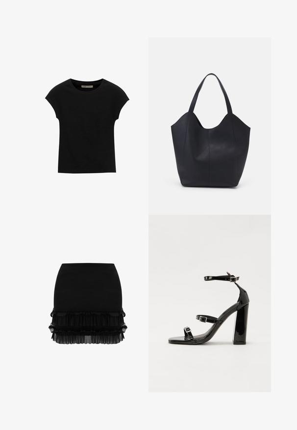 Sort t-shirt med korte ærmer lavet af blødt stof, med rund halsudskæring og en afslappet pasform, med en glat tekstur og uden mønstre.; Sort nederdel med en skræddersyet øverste sektion, lagdelte flæser ved kanten og en blød, let gennemsigtig tekstur. Ingen yderligere udsmykninger.; Sorte patenterede hælsandaler med firkantet tå, ankelremme og sølvspænder. Har en chunky blokHæl for stabilitet.; Sort tote taske lavet af glat læder, med en buet, åben top, to skulderstropper og et minimalistisk design.