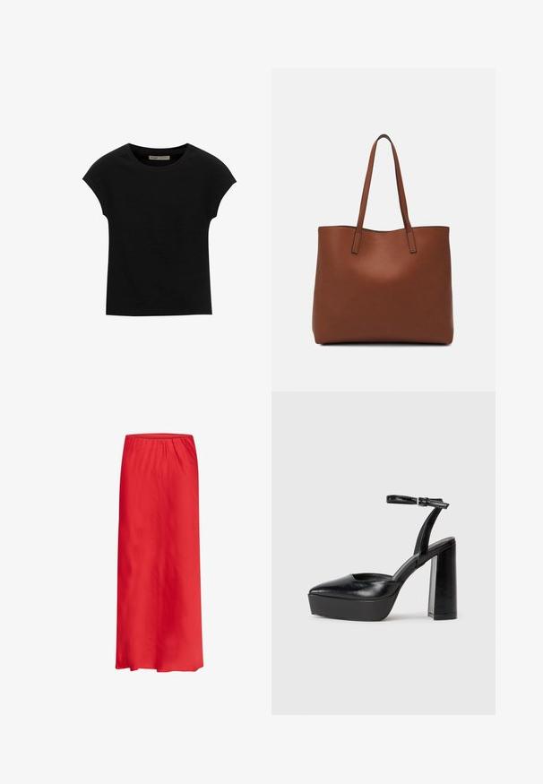 Zwarte korte mouwen t-shirt gemaakt van zachte stof, met een ronde halslijn en een ontspannen pasvorm, met een gladde textuur en zonder patronen.; Rode maxi rok van lichte stof, met een elastische tailleband en een soepel, vloeiend ontwerp. Geen patronen of versieringen.; Zwarte plateauhakken met een puntige neus en verstelbare enkelband. Gemaakt van soepel leer, met een robuuste blokhak.; Bruine leren tote bag met een gladde textuur, een ontwerp met een open bovenkant en twee schouderbanden. Kenmerkt zich door minimale stiksels en geen zichtbare hardware.