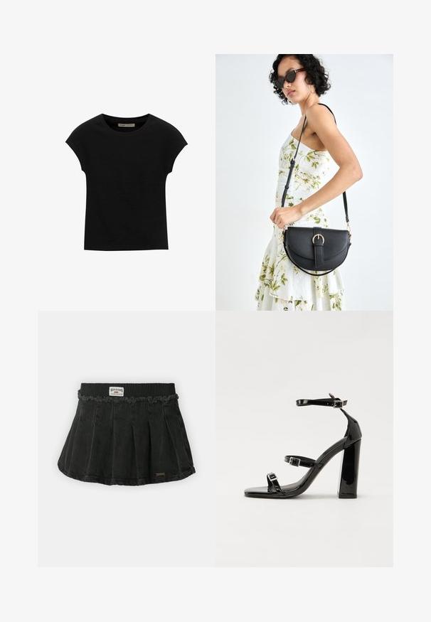 Tricou negru cu mânecă scurtă, confecționat dintr-un material moale, cu guler rotund și o croială lejeră, având o textură fină și fără modele.; BDG Urban Outfitters ALEXANDRA - Fustă denim - black; Sandale cu toc din patent negru, cu vârf pătrat, curele la gleznă și catarame din argint. Dispune de un toc gros pentru stabilitate.; Geantă din piele neagră, cu o formă curbată, curea detașabilă și accesorii aurii. Geanta are un capac cu un detaliu tip cataramă.