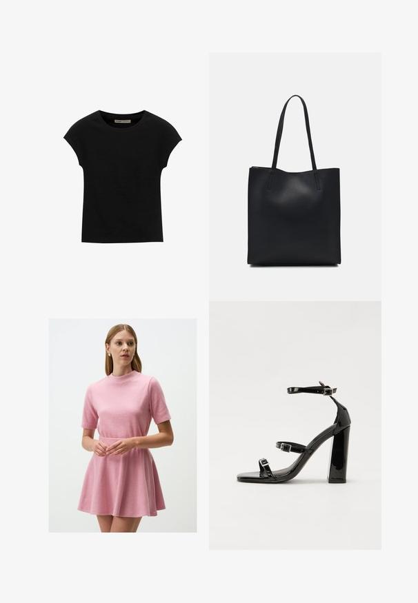 T-shirt nera a maniche corte realizzata in tessuto morbido, con scollatura rotonda e vestibilità comoda, caratterizzata da una texture liscia e senza pattern.; Abito rosa a maniche corte con colletto alto e gonna a ruota. Realizzato in tessuto morbido, con una texture liscia e un design semplice.; Sandali con tacco in vernice nera, con punta squadrata, cinturini alla caviglia e fibbie in argento. Presentano un tacco a blocco spesso per maggiore stabilità.; Borsa tote in pelle nera con texture liscia, forma rettangolare e due manici lunghi. Nessun hardware o decorazione visibile.