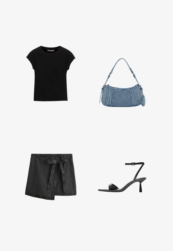 Čierne tričko s krátkym rukávom vyrobené z mäkkého materiálu, s okrúhlym výstrihom a voľným strihom, s hladkou textúrou a bez vzorov.; Čierna denimová zavinovacia sukňa s opaskom, asymetrickým lemom a hladkou textúrou. Obsahuje švy podél okrajov.; Bershka Sandále na vysokom opätku - black; Džínová kabelka s zakriveným tvarom, svetlomodrej farby, so nastaviteľným popruhom na rameno a malým odnímateľným vreckom s kovovými detailmi.