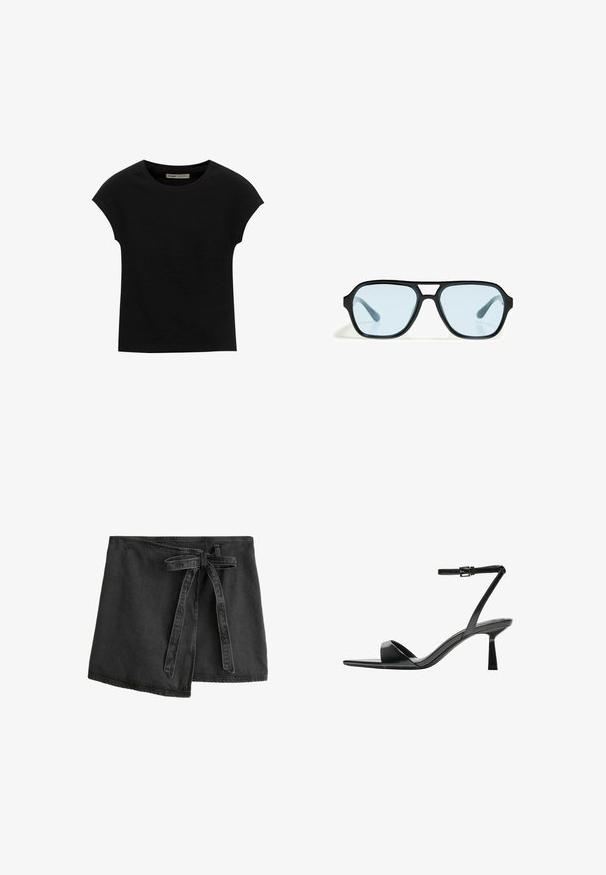 T-shirt nera a maniche corte realizzata in tessuto morbido, con scollatura rotonda e vestibilità comoda, caratterizzata da una texture liscia e senza pattern.; Gonna avvolgente in denim nero con cinturino a fascia, orlo asimmetrico e texture liscia. Presenta dettagli di cucitura lungo i bordi.; Bershka Sandali con tacco - black; Occhiali da sole neri con montatura rettangolare, lenti blu e un design del ponte distintivo. Finitura elegante, texture sobria.; Borsa a tracolla in pelle nera con forma a mezzaluna, texture liscia e tracolla regolabile, caratterizzata da sottili dettagli hardware. Chiusura a zip visibile.