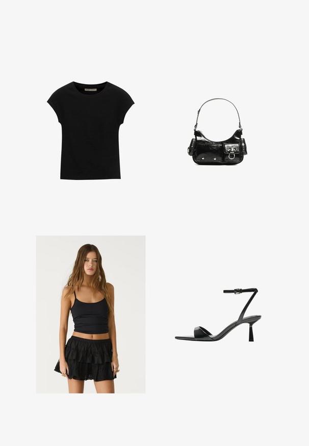 Sort t-shirt med korte ærmer lavet af blødt stof, med rund halsudskæring og en afslappet pasform, med en glat tekstur og uden mønstre.; Sort strækbar tanktop med tynde stropper, parret med en sort volangskørt med blonde detaljer, hvilket skaber en lagdelt effekt.; Bershka Højhælede sandaletter / Højhælede sandaler - black; Sort patenteret læder håndtaske med en buet form, en skulderrem, frontlommer og hardware accenter i sølvfarve.