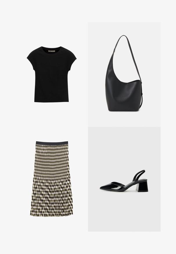 T-shirt nera a maniche corte realizzata in tessuto morbido, con scollatura rotonda e vestibilità comoda, caratterizzata da una texture liscia e senza pattern.; Gonna midi plissettata con un motivo geometrico in nero, bianco e giallo senape. Vita elastica e tessuto leggero.; Décolleté in vernice nera con punta affusolata e tacco in geometria cubica. Presentano un design elegante e minimalista, con una texture liscia.; Borsa hobo nera in pelle con una superficie liscia, forma curvata e una singola tracolla regolabile; presenta un'ampia apertura nella parte superiore.