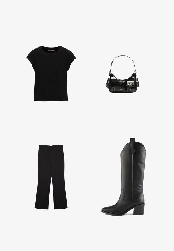 Czarna koszulka z krótkim rękawem, wykonana z miękkiego materiału, z okrągłym dekoltem i luźnym krojem, o gładkiej fakturze i bez wzorów.; Czarne spodnie o prostym kroju, z przednimi kieszeniami i bocznymi rozcięciami na dole. Wykonane z miękkiego, gładkiego materiału. Odpowiednie na różne okazje.; Czarne skórzane botki do kolan z ostrym noskiem, na słupku i dekoracyjnym przeszyciem. Gładka faktura z delikatnym połyskiem.; Czarna torebka z lakierowanej skóry o zaokrąglonym kształcie, z jednym paskiem na ramię, przednimi kieszeniami i akcentami w kolorze srebrnym.