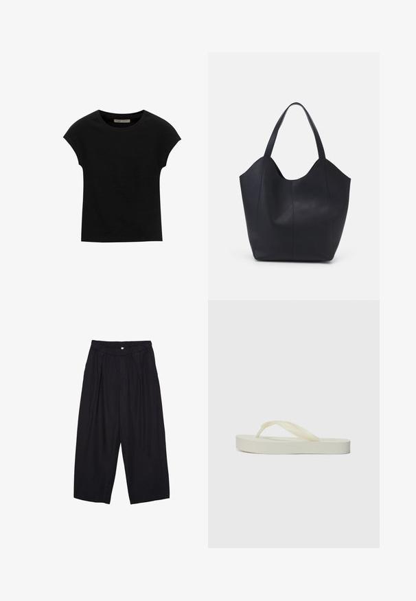 Sort t-shirt med korte ærmer lavet af blødt stof, med rund halsudskæring og en afslappet pasform, med en glat tekstur og uden mønstre.; Sorte polyester culotte bukser med elastisk talje, to forpiber og en løs silhuet. Ingen synlige mønstre eller hardware detaljer.; Lyscreme flip-flop med flad sål, tykke strukturerede remme og en glat overflade. Blødt materiale, minimalistisk design og ingen fremtrædende branding.; Sort tote taske lavet af glat læder, med en buet, åben top, to skulderstropper og et minimalistisk design.