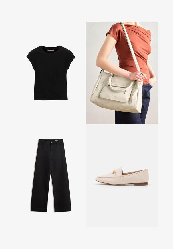 Schwarzes Kurzarm-T-Shirt aus weichem Stoff, mit Rundhalsausschnitt und lockerer Passform, glatter Textur und ohne Muster.; Schwarze weit geschnittene Jeans mit hoher Taille, ausgestattet mit Vorder- und Hintertaschen, gesteppten Nähten und einem Knopfverschluss. Glatte Textur.; Beige Lederloafers mit sleekem Design, spitzem Zehenbereich und goldenen Hardware-Akzenten. Niedriger brauner Absatz für Stabilität und Komfort.; Weiße Lederhandtasche mit zwei Griffen und einem abnehmbaren Schulterriemen, ausgestattet mit einer vorderen Reißverschlusstasche und glatter Textur. Wird am Arm einer Person getragen.