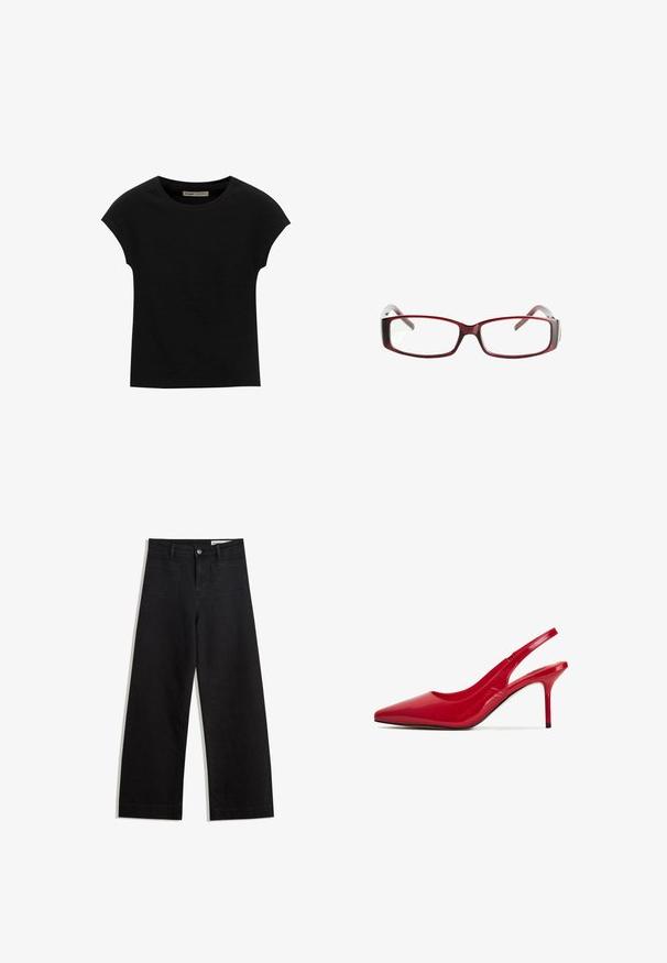 Czarna koszulka z krótkim rękawem, wykonana z miękkiego materiału, z okrągłym dekoltem i luźnym krojem, o gładkiej fakturze i bez wzorów.; Czarne dżinsowe spodnie o szerokich nogawkach i wysokim stanie, z przednimi i tylnymi kieszeniami, przeszyciami oraz zapięciem na guziki. Gładka struktura.; Czerwone lakierowane szpilki typu slingback z ostro zakończonym noskiem i smukłym obcasem. Projekt charakteryzuje się gładkim wykończeniem i minimalistyczną sylwetką.; Czerwone prostokątne okulary z eleganckim designem. Przezroczyste soczewki, lekko przezroczyste zauszniki oraz efekt gradientu od czerwonego do szarego.
