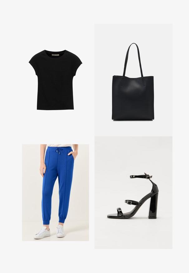 Schwarzes Kurzarm-T-Shirt aus weichem Stoff, mit Rundhalsausschnitt und lockerer Passform, glatter Textur und ohne Muster.; Jimmy Key HIGH WAIST JOGGER - Jogginghose - blue; Schwarze patentierte Sandalen mit Absatz, quadratischer Spitze, Knöchelriemen und silbernen Schnallen. Mit einem stabilen Blockabsatz für mehr Stabilität.; Schwarze Laptoptasche aus Leder mit glatter Textur, rechteckiger Form und zwei langen Griffen. Keine sichtbaren Beschläge oder Verzierungen.