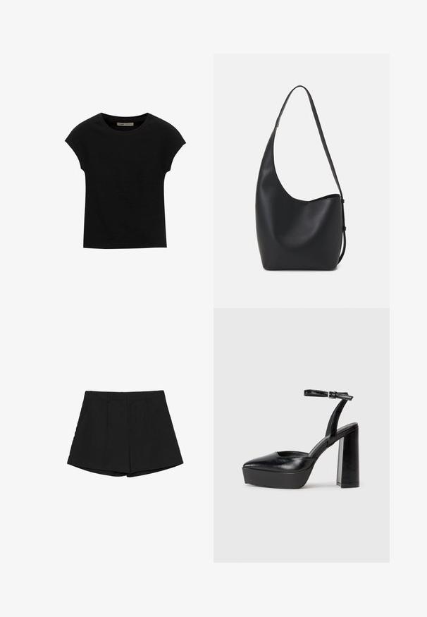 Crna majica s kratkim rukavima od mekog materijala, s okruglim izrezom i opuštenim krojem, s glatkom teksturom i bez uzoraka.; Crne kratke hlače s prilagođenim dizajnom, s ravnim prednjim dijelom, dva bočna džepa i ravnim rubom. Glatka tkanina s čistim završetkom.; Crne platforme s potpeticom s oštrim vrhom i podešivom naramenicom. Izrađene od glatke kože, s masivnom blok petom.; Crna kožna hobo torba s glatkom teksturom, zakrivljenim oblikom i jednom podesivom trakicom; ima širok otvor na vrhu.