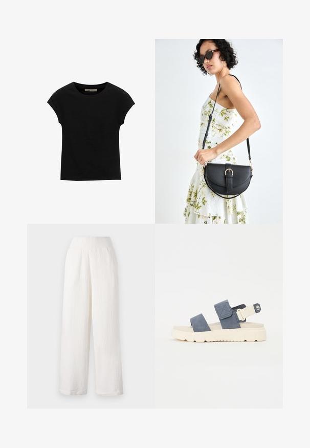 Črna kratka majica s kratkimi rokavi, narejena iz mehke tkanine, z okroglim izrezom in sproščenim krojem, z gladko teksturo in brez vzorcev.; Bele široke hlače iz teksturirane, nabrane tkanine. Imajo elastičen pas in stranske žepke za udobje.; Modra semiš sandala z dvema trakoma in nastavljivim hrbtom. Debel kremast gumijast podplat z teksturno obdelavo in logotipom.; Črna usnjena torbica s ukrivljeno obliko, z odstranljivo naramnico in zlatimi dodatki. Torbica ima pokrov s podrobnostmi v obliki zaponke.