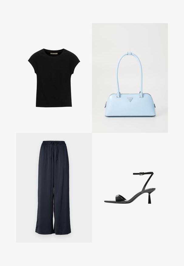 Črna kratka majica s kratkimi rokavi, narejena iz mehke tkanine, z okroglim izrezom in sproščenim krojem, z gladko teksturo in brez vzorcev.; Samsøe Samsøe SAHELENA - Hlače - salute; Bershka Sandali z visoko peto - black; Svijetloplavi ručni torbica s strukturiranim oblikom, glatkim kožnim materijalom, dvije ručke i trokutastim logotipom brenda na prednjoj strani. S zatvaračem.