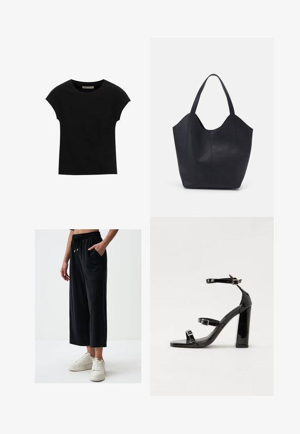 Black short-sleeve t-shirt made of soft fabric, featuring a round neckline and a relaxed fit, with a smooth texture and no patterns.; Black wide-leg pants made of soft fabric, featuring an elastic waistband with drawstring, pockets on the sides, and a smooth texture.; Black patent heeled sandals with a square toe, ankle straps, and silver buckles. Features a chunky block heel for stability.; Black tote bag made of smooth leather, featuring a curved, open top with two shoulder straps and a minimalist design.