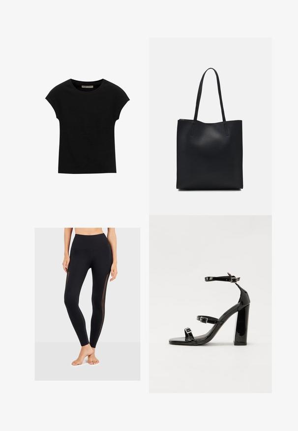 Schwarzes Kurzarm-T-Shirt aus weichem Stoff, mit Rundhalsausschnitt und lockerer Passform, glatter Textur und ohne Muster.; Schwarze Leggings mit einem hohen Bund, versehen mit durchsichtigen Mesh-Seitenteilen. Hergestellt aus einem dehnbaren Material, das für Komfort und Flexibilität sorgt.; Schwarze patentierte Sandalen mit Absatz, quadratischer Spitze, Knöchelriemen und silbernen Schnallen. Mit einem stabilen Blockabsatz für mehr Stabilität.; Schwarze Laptoptasche aus Leder mit glatter Textur, rechteckiger Form und zwei langen Griffen. Keine sichtbaren Beschläge oder Verzierungen.