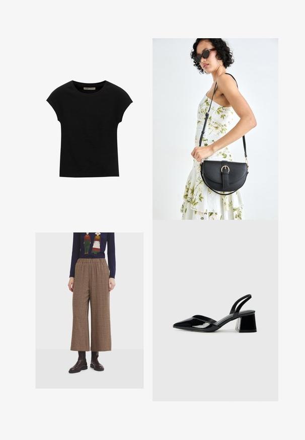 Crna majica s kratkim rukavima od mekog materijala, s okruglim izrezom i opuštenim krojem, s glatkom teksturom i bez uzoraka.; Smešane smeđe i bež karirane pantalone širokih nogavica s elastičnom gumom u struku, uparene s tamnim kožnim čizmama do gležnja.; Crne lakirane kožne sandale s otvorenom petom i špicastim vrhom, s geometrijskom blok petom. Imaju elegantan, minimalistički dizajn i glatku teksturu.; Crna kožna torba s lukovitim oblikom, odvojivim remenom i zlatnim detaljima. Torba ima preklop s kopčom.