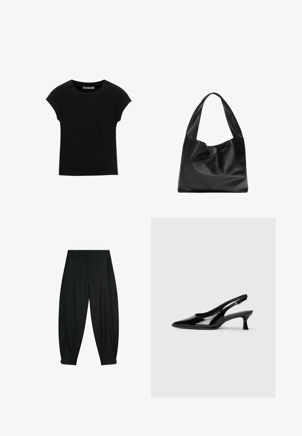 Czarna koszulka z krótkim rękawem, wykonana z miękkiego materiału, z okrągłym dekoltem i luźnym krojem, o gładkiej fakturze i bez wzorów.; Czarne, dopasowane spodnie o gładkiej fakturze, z guzikiem w talii, dwiema bocznymi kieszeniami i podwiniętymi nogawkami dla uzyskania zwężonego kroju.; Czarne lakierowane buty typu slingback z ostro zakończonym noskiem i niskim słupkowym obcasem. Regulowane zapięcie w kostce.; Czarna skórzana torba na ramię o miękkim, zwisającym fasonie, szerokich uchwytach i gładkiej fakturze. Brak widocznych elementów metalowych lub ozdób.