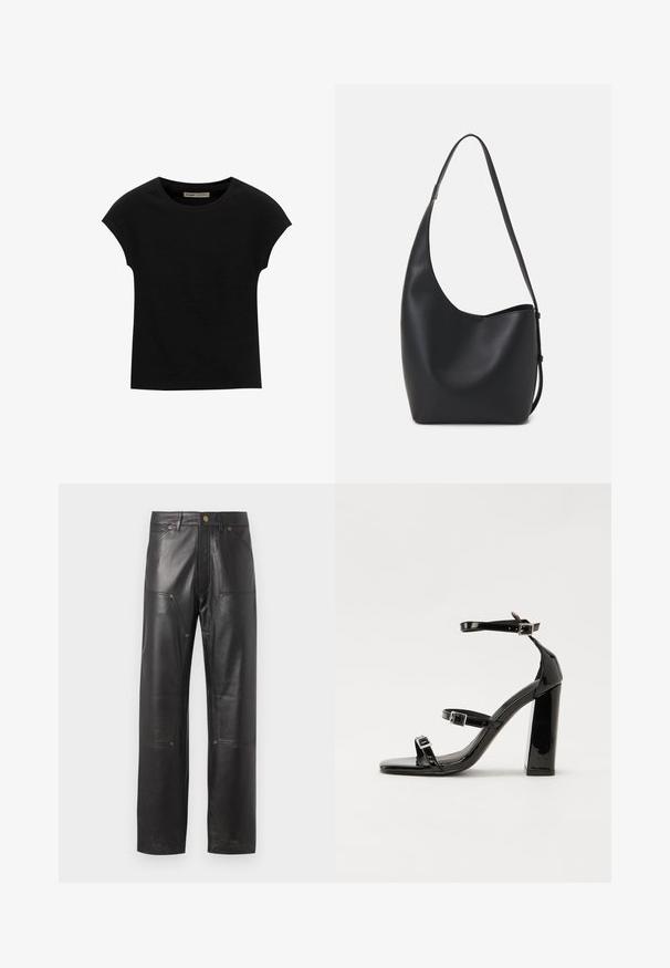 Černé tričko s krátkým rukávem vyrobené z měkké tkaniny, s kulatým výstřihem a volným střihem, s hladkým povrchem a bez vzorů.; Černé kožené kalhoty s rovný střih, vystupující švy, čtyři kapsy a detaily z měděné barvy. Hladká textura.; Černé lakované sandály na podpatku se čtveratou špičkou, lýtkovými pásky a stříbrnými přezkami. Disponují masivním blokovým podpatkem pro stabilitu.; Černá kožená hobo taška s hladkým povrchem, zakřiveným tvarem a jedním nastavitelným popruhem; má široké otevírání nahoře.