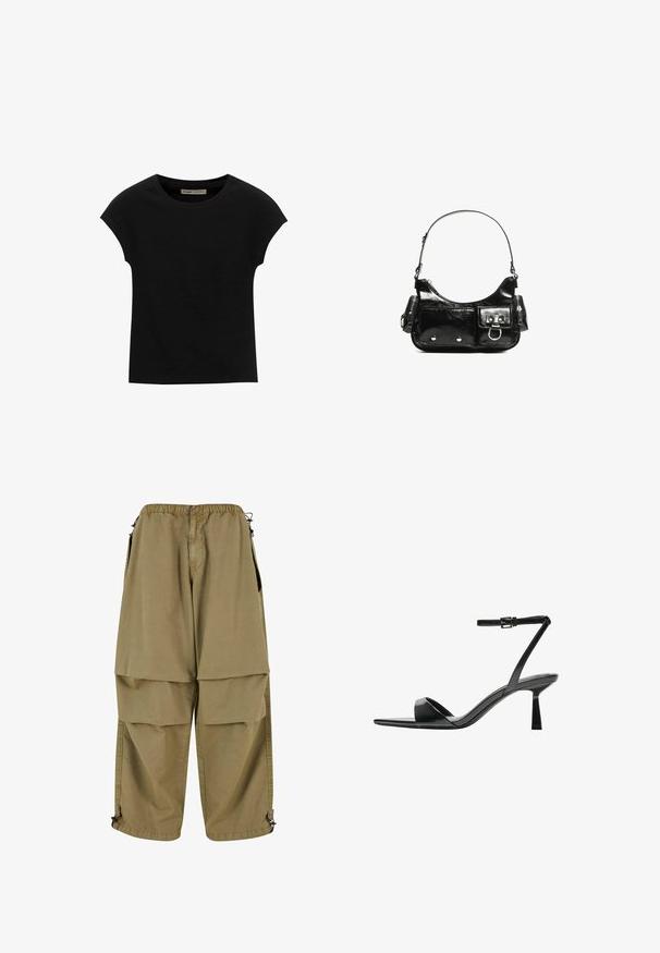 Čierne tričko s krátkym rukávom vyrobené z mäkkého materiálu, s okrúhlym výstrihom a voľným strihom, s hladkou textúrou a bez vzorov.; Béžové cargo nohavice s elastickým pásom, veľkými prednými vreckami a nastaviteľnými manžetami. Vyrobené z ľahkého materiálu s hladkou textúrou.; Bershka Sandále na vysokom opätku - black; Čierna laková kožená kabelka s ohnutým tvarom, jedným ramenným popruhom, prednými vreckami a striebornými kovovými doplnkami.
