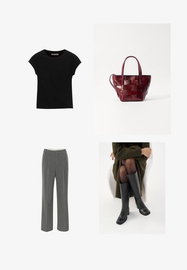 Zwarte korte mouwen t-shirt gemaakt van zachte stof, met een ronde halslijn en een ontspannen pasvorm, met een gladde textuur en zonder patronen.; Grijze gestreepte broeken met een getailleerde pasvorm, een platte voorkant en een brede pijpdesign. Gemaakt van een gladde, lichte stof.; Knieschijf hoge zwarte leren laarzen met een vierkante neus en blokhak, getoond met een model dat zit in een olijfgroene jas. Gladde textuur, minimale details.; Geweven bordeaux leren tote bag met twee korte handvatten en een afneembare schouderriem. Heeft een gestructureerde vorm en een gladde textuur.