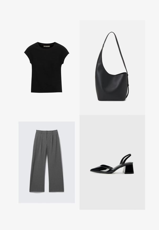 Černé tričko s krátkým rukávem vyrobené z měkké tkaniny, s kulatým výstřihem a volným střihem, s hladkým povrchem a bez vzorů.; Šedé pruhované kalhoty širokého střihu s předními záhyby a poutky na pásek, položené na bílé pozadí.; Černé lakované kožené lodičky na pásku s špičatou špičkou a geometrickým blokovým podpatkem. Vyznačují se elegantním, minimalistickým designem a hladkým povrchem.; Černá kožená hobo taška s hladkým povrchem, zakřiveným tvarem a jedním nastavitelným popruhem; má široké otevírání nahoře.