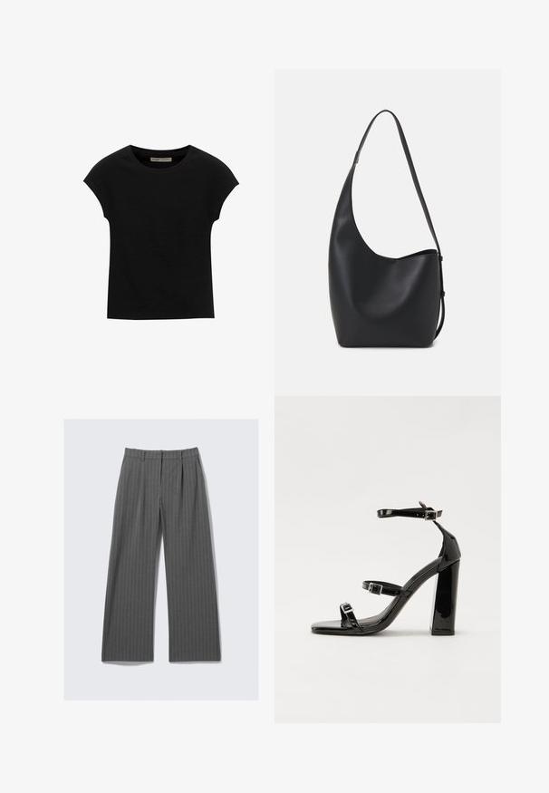 Crna majica s kratkim rukavima od mekog materijala, s okruglim izrezom i opuštenim krojem, s glatkom teksturom i bez uzoraka.; Sive prugaste hlače širokih nogavica s prednjim nabora i peteljkom, položene ravno na bijeloj pozadini.; Crne lakirane sandale na pete sa kvadratnim nosom, trakama oko gležnja i srebrnim kopčama. Imaju čvrst blok petu za stabilnost.; Crna kožna hobo torba s glatkom teksturom, zakrivljenim oblikom i jednom podesivom trakicom; ima širok otvor na vrhu.