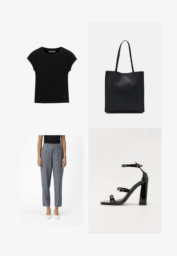 Črna kratka majica s kratkimi rokavi, narejena iz mehke tkanine, z okroglim izrezom in sproščenim krojem, z gladko teksturo in brez vzorcev.; Sive krojene hlače z teksturiranim zaključkom, z visokim pasom, stranskimi žepi in ozkimi, skrajšanimi hlačnicami. Bele čevlje s konicami zaključijo obleko.; Črne lakirane sandale s peto, kvadratnim prstom, trakovi okrog gležnja in srebrnimi zaponkami. Opremljene so s stabilno Debelo peto.; Črna usnjena torba s svilnato teksturo, pravokotne oblike in dvema dolgima ročajema. Brez vidnih metalnih delov ali okrasnih elementov.