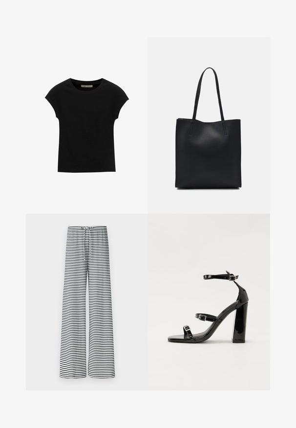 Čierne tričko s krátkym rukávom vyrobené z mäkkého materiálu, s okrúhlym výstrihom a voľným strihom, s hladkou textúrou a bez vzorov.; Gina Tricot STRIPED TROUSERS - Nohavice - navy/white; Čierne lakované sandále na podpätku so štvorcovou špičkou, navlečenými remienkami okolo členku a striebornými prackami. Disponujú masívnym blokovým podpätkom pre stabilitu.; Čierna kožená taška na rameno s hladkým povrchom, obdĺžnikovým tvarom a dvoma dlhými uchami. Bez viditeľného kovania alebo ozdôb.
