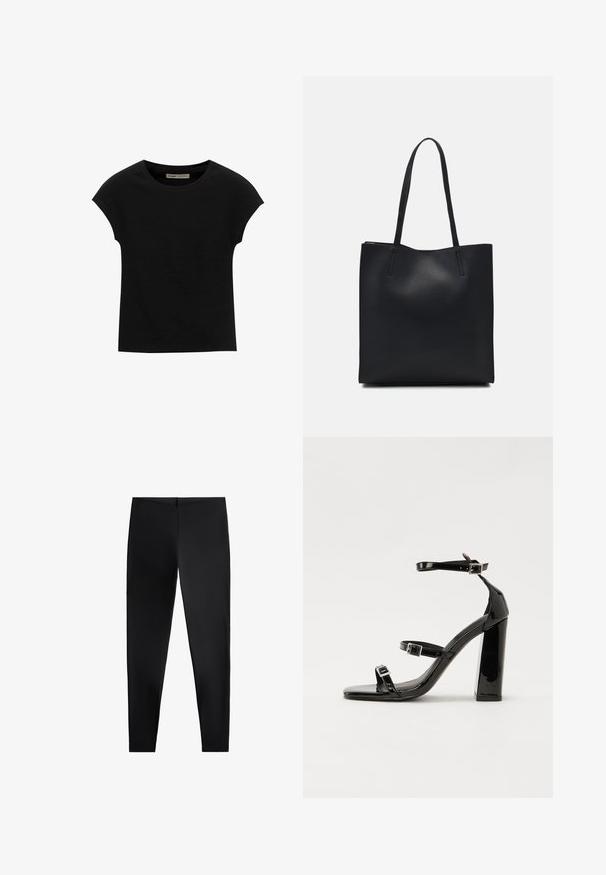 T-shirt noir à manches courtes en tissu doux, avec un col rond et une coupe décontractée, au toucher lisse et sans motifs.; Collants noirs en tissu extensible, présentant un design épuré et une silhouette ajustée avec une taille haute et une construction sans coutures.; Sandales à talons vernies noires avec un bout carré, des sangles autour de la cheville et des boucles en argent. Dotées d'un talon bloc épais pour plus de stabilité.; Sac fourre-tout en cuir noir avec une texture lisse, de forme rectangulaire et deux longues poignées. Pas de matériel ou d'ornementations visibles.