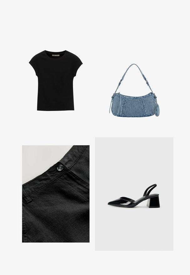 Mustat lyhythihaiset T-paidat, jotka on valmistettu pehmeästä kankaasta, pyöreä kaula-aukko ja rento istuvuus, sileä pinta eikä kuvioita.; Mustat pellavahousut, joissa on sileä pinta ja pyöreä nappi, sekä tikatut yksityiskohdat vyötäröllä ja taskuissa.; Mustat patentoitu nahkakengät, joissa on säären takaosa ja terävä kärki, sekä geometrinen palikkakorko. Sisältää tyylikkään, minimalistisen muotoilun ja sileän pinnan.; Denim-käsilaukku, jossa on kaareva muoto, vaaleansininen väri, säädettävä olkahihna ja pieni irrotettava pussukka metallikoristeilla.