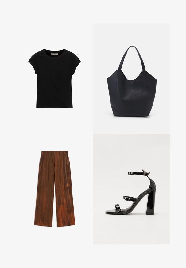 T-shirt nera a maniche corte realizzata in tessuto morbido, con scollatura rotonda e vestibilità comoda, caratterizzata da una texture liscia e senza pattern.; Pantaloni larghi marroni con una texture plissettata, caratterizzati da righe verticali e una finitura morbida. Vita elastica per il massimo comfort.; Sandali con tacco in vernice nera, con punta squadrata, cinturini alla caviglia e fibbie in argento. Presentano un tacco a blocco spesso per maggiore stabilità.; Borsa tote nera realizzata in pelle liscia, con una parte superiore curva e aperta, dotata di due manici per spalla e un design minimalista.