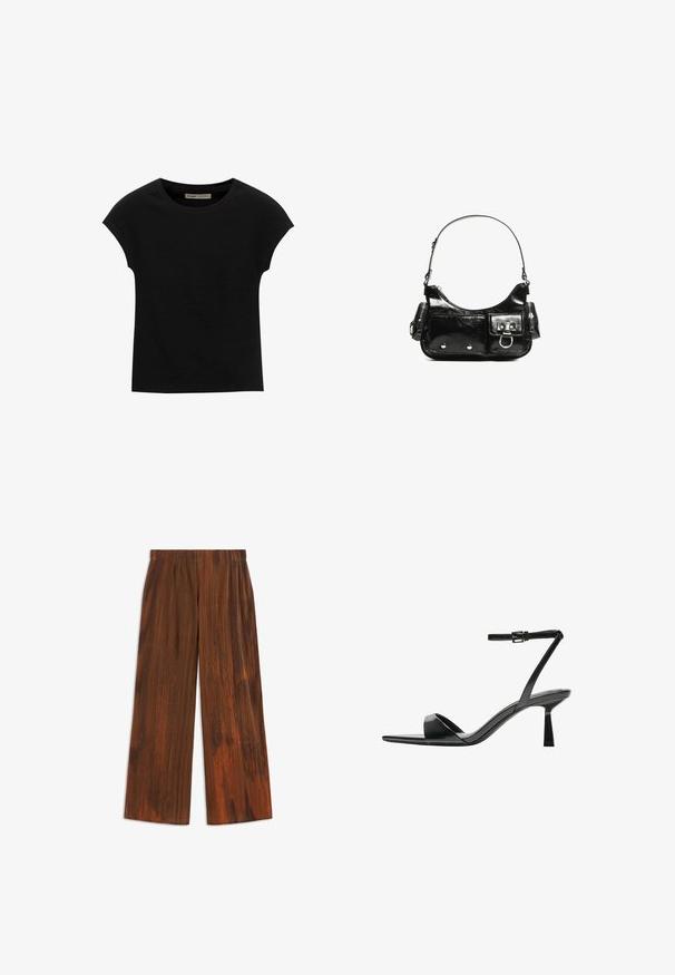 Čierne tričko s krátkym rukávom vyrobené z mäkkého materiálu, s okrúhlym výstrihom a voľným strihom, s hladkou textúrou a bez vzorov.; Hnedé široké nohavice s plisovanou textúrou, s vertikálnymi pruhmi a jemným povrchom. Elastický pás pre komfort.; Bershka Sandále na vysokom opätku - black; Čierna laková kožená kabelka s ohnutým tvarom, jedným ramenným popruhom, prednými vreckami a striebornými kovovými doplnkami.