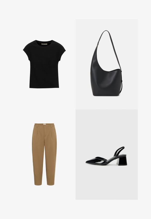 Fekete, rövid ujjú póló, puha anyagból, kerek nyakkivágással és laza szabással, sima felülettel és minták nélkül.; Kaffe KAMERLE PANTS CROPPED - Nadrágok - toasted coconut; Fekete lakk bőr szandálkés magas sarkú cipő, hegyes orral és geometrikus tömbsarkakkal. Karcsú, minimalista dizájn és sima textúra jellemzi.; Fekete bőr hobo táska sima textúrával, ívelt formával és egyetlen állítható pánttal; széles nyílás található a tetején.