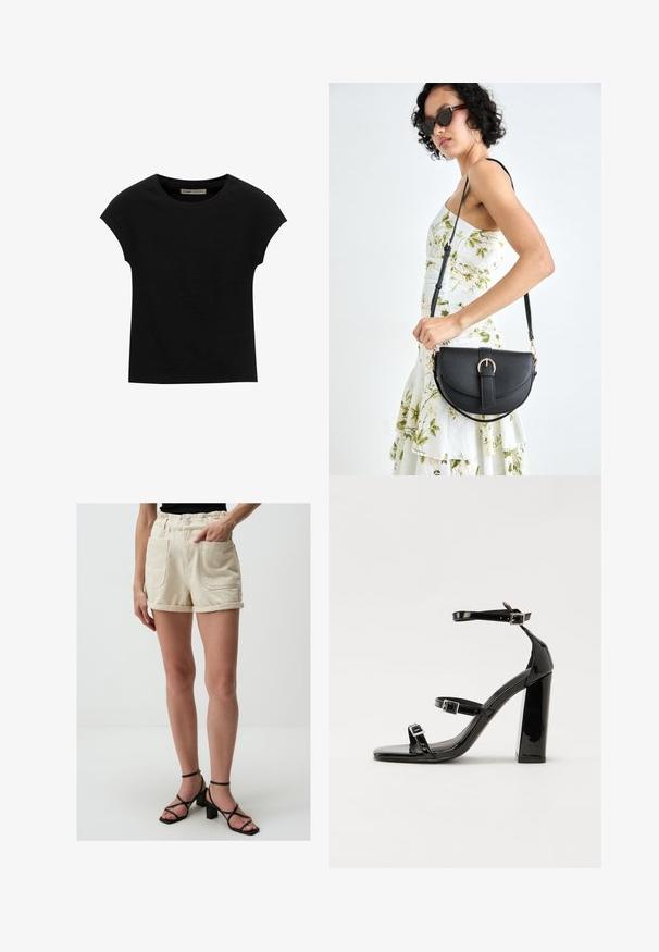 Czarna koszulka z krótkim rękawem, wykonana z miękkiego materiału, z okrągłym dekoltem i luźnym krojem, o gładkiej fakturze i bez wzorów.; Beżowe dżinsowe szorty z elastycznym pasem, dwiema przednimi kieszeniami i podwiniętymi nogawkami. W połączeniu z czarnymi sandałami na obcasie z paskami.; Czarne lakierowane sandały na obcasie z kwadratowym noskiem, z paskami wokół kostki i srebrnymi klamrami. Posiadają masywny słupek dla stabilności.; Czarna skórzana torebka o zakrzywionym kształcie, z odpinanym paskiem i złotymi akcentami. Torebka posiada klapę z zapięciem w kształcie klamry.