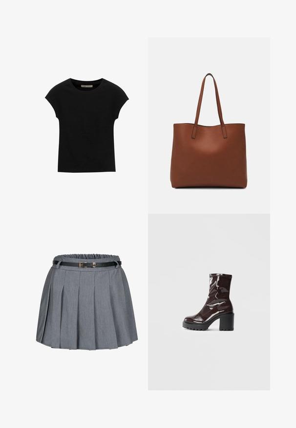 Čierne tričko s krátkym rukávom vyrobené z mäkkého materiálu, s okrúhlym výstrihom a voľným strihom, s hladkou textúrou a bez vzorov.; Sivá plisovaná sukňa s nariaseným pásom a čiernym opaskom s akcentom zlatého spony. Mäkká látka s hladkou textúrou.; Lesklé burgundské kotníkové boty s robustním černým podpatkem, s hladkou strukturou a jednoduchým designem. Bez viditelných zapínání nebo vzorů.; Hnedá kožená taška na rameno s hladkou textúrou, otvoreným vrchom a dvoma ramenými popruhmi. Má minimálne šitia a žiadne viditeľné kovania.