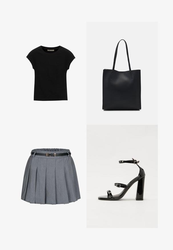 Zwarte korte mouwen t-shirt gemaakt van zachte stof, met een ronde halslijn en een ontspannen pasvorm, met een gladde textuur en zonder patronen.; Grijze ploorok met een geraffineerde taille en een zwarte riem met een gouden gesp als accent. Zachte stof met een gladde textuur.; Zwarte gepatenteerde sandalen met hak en een vierkante neus, enkelbandjes en zilveren gespen. Heeft een stevige blokhak voor stabiliteit.; Zwarte leren handtas met een gladde textuur, rechthoekige vorm en twee lange handvaten. Geen zichtbare hardware of versieringen.
