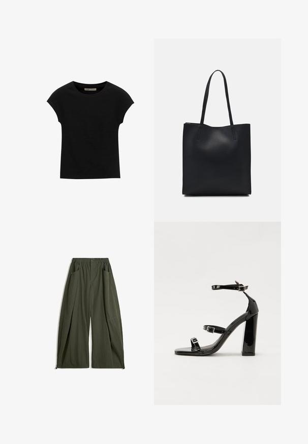 Fekete, rövid ujjú póló, puha anyagból, kerek nyakkivágással és laza szabással, sima felülettel és minták nélkül.; Olívazöld széles szárú nadrág elasztikus derékkal, két oldalsó zsebbel és textúrált felülettel.; Fekete lakk magas sarkú szandál négyzet alakú orral, bokapántokkal és ezüst csatokat tartalmaz. Masszív blokk sarka a stabilitásért felel.; Fekete bőrtáska sima felszínnel, téglalap alakú, két hosszú füllel. Nincs látható fémkiegészítő vagy díszítés.