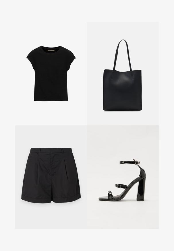 Svart kortärmad t-shirt i mjukt tyg med rund halsringning och avslappnad passform, med en jämn textur och utan mönster.; Svarta shorts i ett lätt och glatt tyg. Har veck framtill, en skräddarsydd silhuett och en rullad fåll nederst.; Svarta lackerade klacksandaler med fyrkantig tå, ankelremmar och silverfärgade spännen. Har en kraftig blockklack för stabilitet.; Svart lädertoffelväska med slät textur, rektangulär form och två långa handtag. Ingen synlig hårdvara eller dekorationer.