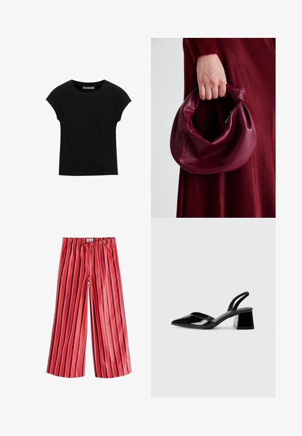 T-shirt nera a maniche corte realizzata in tessuto morbido, con scollatura rotonda e vestibilità comoda, caratterizzata da una texture liscia e senza pattern.; Next ON STRIPE WIDE LEG - Pantaloni - red; Décolleté in vernice nera con punta affusolata e tacco in geometria cubica. Presentano un design elegante e minimalista, con una texture liscia.; Borsa in pelle bordeaux con un design morbido e arricciato e una forma arrotondata. Il manico è fissato, mostrando una texture liscia.