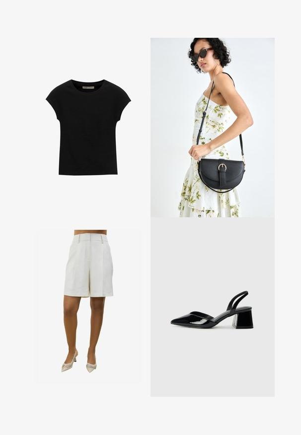 Zwarte korte mouwen t-shirt gemaakt van zachte stof, met een ronde halslijn en een ontspannen pasvorm, met een gladde textuur en zonder patronen.; Beige linnen shorts met een gepolijste uitstraling, voorzien van twee voorplooien en zijzakken. Gecombineerd met puntige, gestreepte hoge hakken.; Zwarte gepatineerde leren slingback hakken met een spitse neus en een geometrische blokhak. Kenmerkt zich door een slank, minimalistisch ontwerp en een gladde textuur.; Zwarte leren handtas met een gebogen vorm, afneembare schouderband en gouden hardware. De tas heeft een klep met een gespsluiting.