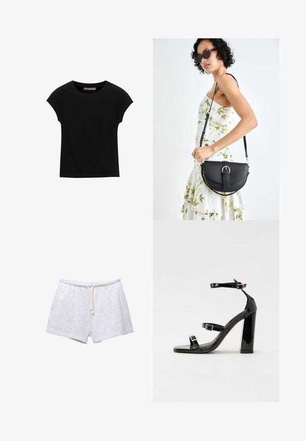 Crna majica s kratkim rukavima od mekog materijala, s okruglim izrezom i opuštenim krojem, s glatkom teksturom i bez uzoraka.; Sive pamučne kratke hlače s elastikom u struku i uzicom. Glatka tekstura i jednostavan dizajn, bez uzoraka ili naglasaka.; Crne lakirane sandale na pete sa kvadratnim nosom, trakama oko gležnja i srebrnim kopčama. Imaju čvrst blok petu za stabilnost.; Crna kožna torba s lukovitim oblikom, odvojivim remenom i zlatnim detaljima. Torba ima preklop s kopčom.