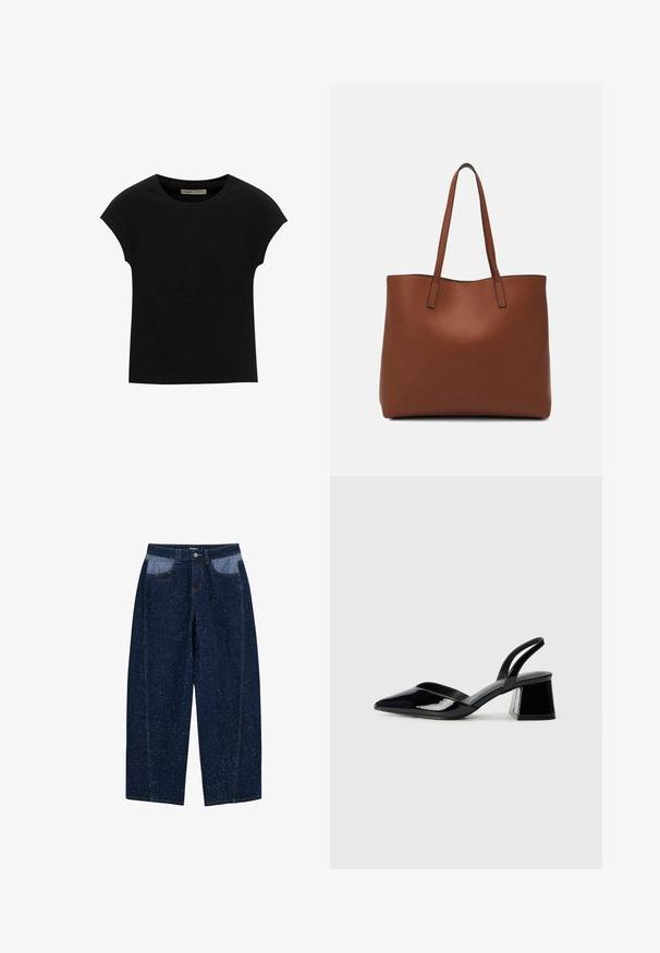 Crna majica s kratkim rukavima od mekog materijala, s okruglim izrezom i opuštenim krojem, s glatkom teksturom i bez uzoraka.; Tamno plave traperice širokog kroja s mrljastom teksturom, dva prednja džepa s kontrastnom svjetlijom tkaninom i vidljivim šavovima.; Crne lakirane kožne sandale s otvorenom petom i špicastim vrhom, s geometrijskom blok petom. Imaju elegantan, minimalistički dizajn i glatku teksturu.; Smeđa kožna torba preko ramena s glatkom teksturom, otvorenim vrhom i dvjema naramenicama. Ima minimalne šavove i nema vidljivog hardvera.
