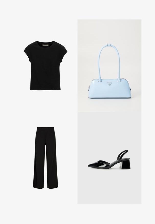Tricou negru cu mânecă scurtă, confecționat dintr-un material moale, cu guler rotund și o croială lejeră, având o textură fină și fără modele.; Pantaloni negri cu picioare largi, având un brâu moale și elastic. Material neted, design până la gleznă, fără închideri vizibile sau modele.; Pantofi cu toc slingback din piele lacuită neagră, cu vârf ascuțit și toc geometric. Prezintă un design elegant, minimalist și o textură netedă.; Geantă de mână bleu deschis, cu o formă structurată, din piele netedă, două mânere și un logo de brand triunghiular pe față. Închidere cu fermoar.