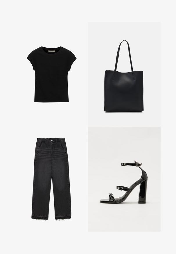 Tricou negru cu mânecă scurtă, confecționat dintr-un material moale, cu guler rotund și o croială lejeră, având o textură fină și fără modele.; Pantaloni din denim negri cu un design cu picior drept. Au talie înaltă, margine desfăcută și o textură subtilă decolorată pe tot parcursul. Include buzunare frontale.; Sandale cu toc din patent negru, cu vârf pătrat, curele la gleznă și catarame din argint. Dispune de un toc gros pentru stabilitate.; Geantă tote neagră din piele, cu textură netedă, formă rectangulară și două mânere lungi. Fără hardware vizibil sau ornamente.