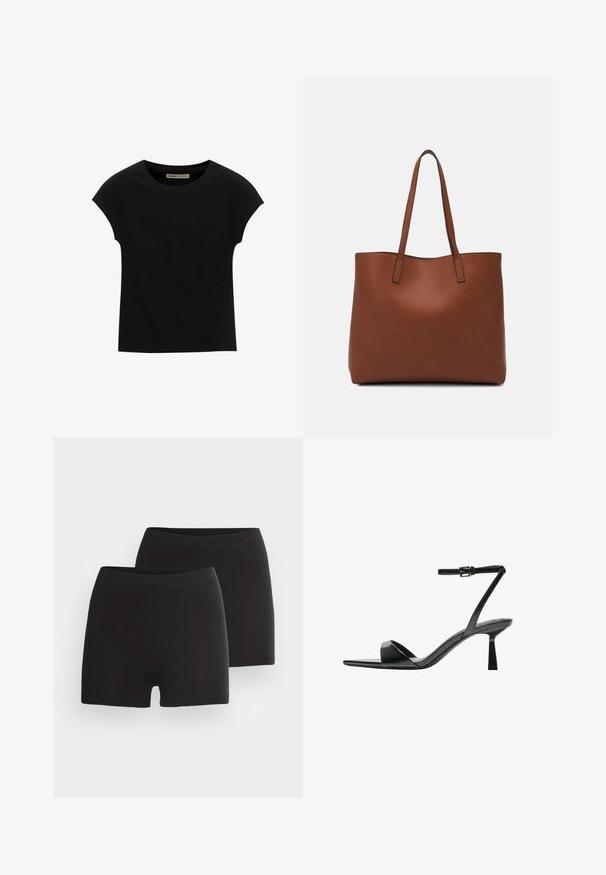 Schwarzes Kurzarm-T-Shirt aus weichem Stoff, mit Rundhalsausschnitt und lockerer Passform, glatter Textur und ohne Muster.; Schwarze Baumwollshorts mit glatter Textur, ausgestattet mit einem breiten elastischen Bund und einem figurnahen Design. Zwei Paare werden gezeigt.; Bershka High Heel Sandalette - black; Braune Leder-Tote mit glatter Textur, offenem Oberteil und zwei Schulterriemen. Verfügt über minimale Nähte und keine sichtbaren Beschläge.