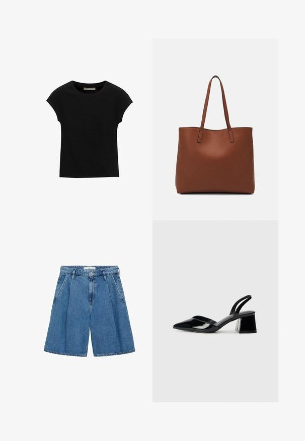 Mustat lyhythihaiset T-paidat, jotka on valmistettu pehmeästä kankaasta, pyöreä kaula-aukko ja rento istuvuus, sileä pinta eikä kuvioita.; Siniset farkkushortsit, joissa on korkea vyötärö, leveät lahkeet ja poimutettu etuosa. Ominaisuuksiin kuuluu edessä nappikiinnitys ja kaksi sivutaskua. Sujuva pinta.; Mustat patentoitu nahkakengät, joissa on säären takaosa ja terävä kärki, sekä geometrinen palikkakorko. Sisältää tyylikkään, minimalistisen muotoilun ja sileän pinnan.; Ruskea nahkainen olkalaukku, jossa on sileä pinta, avoin yläosa ja kaksi olkahihnaa. Omaavat vain minimaalisen ompelun eikä näkyvää metalliosaa.