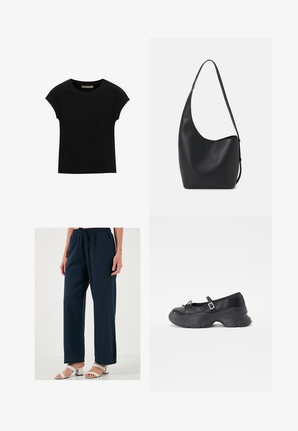 Crna majica s kratkim rukavima od mekog materijala, s okruglim izrezom i opuštenim krojem, s glatkom teksturom i bez uzoraka.; Mornarskoplave široke hlače s elastičnim pojasom i vezicom. Glatka tkanina s opuštenim fitom i rastrganim rubom. Uparene s bijelim sandalama na petu.; Crne kožne Mary Jane cipele s okruglim vrhom, detaljem u obliku mašne i podesivom naramenicom oko gležnja. Imaju debeli gumeni đon s zakrivljenim naglascima.; Crna kožna hobo torba s glatkom teksturom, zakrivljenim oblikom i jednom podesivom trakicom; ima širok otvor na vrhu.